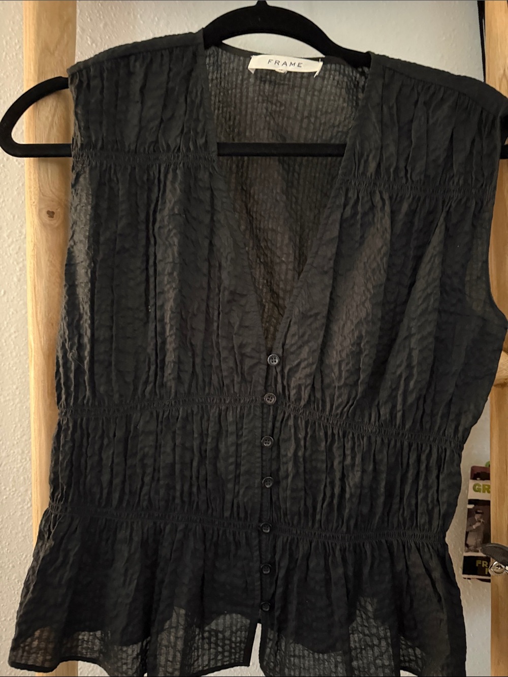 Frame Denim Black Textured Sleeveless Button-Front Peplum Top